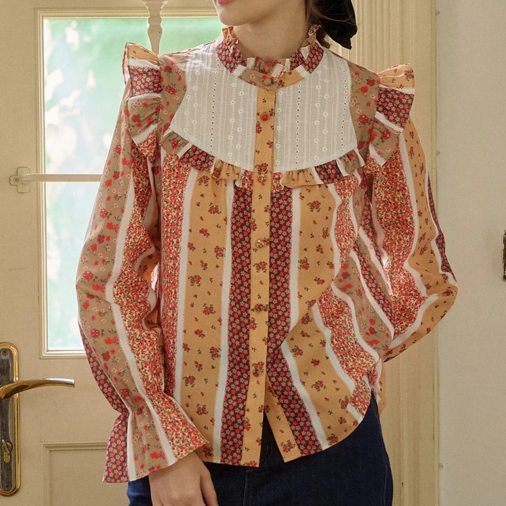 Simple Retro Wren Stand Collar‎ Floral Patchwork Top Size Large Poet Sleeves
